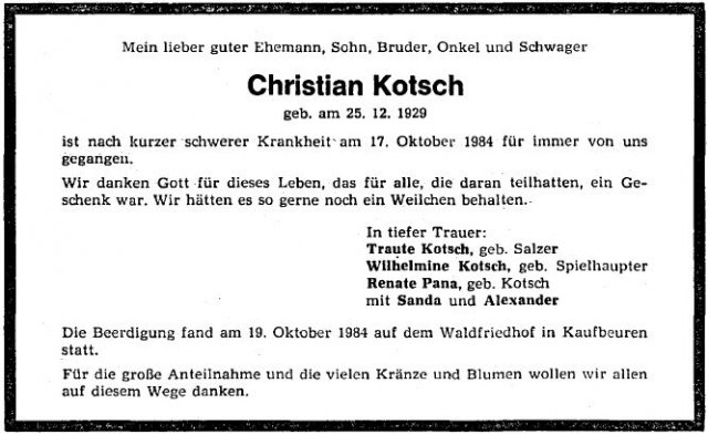 Kotsch Christian 1929-1984 Todesanzeige